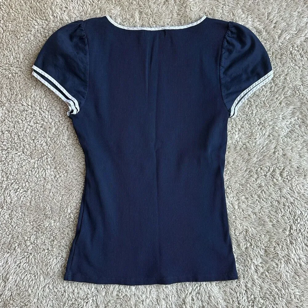Lauren Ralph Lauren Cap Sleeve Top Womens L Ribbed Knit Nautical Preppy Shirt